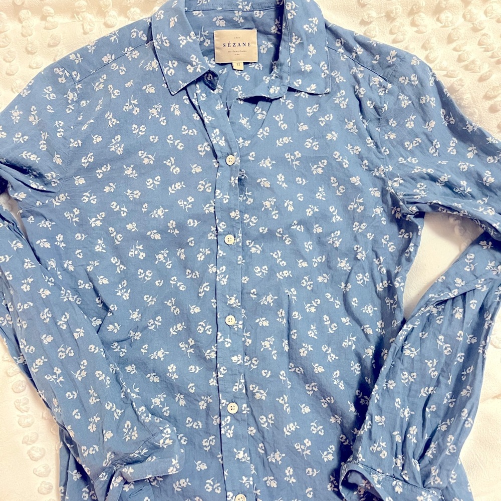Sezane Ann Shirt Mini Blue Flowers 32 Size 0 - Picture 2 of 3